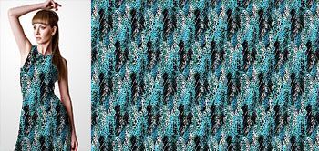 06015v Materiał ze wzorem kolorowy motyw z piór i liści stylizowany na zwierzęcą skórę z niebieskimi akcentami